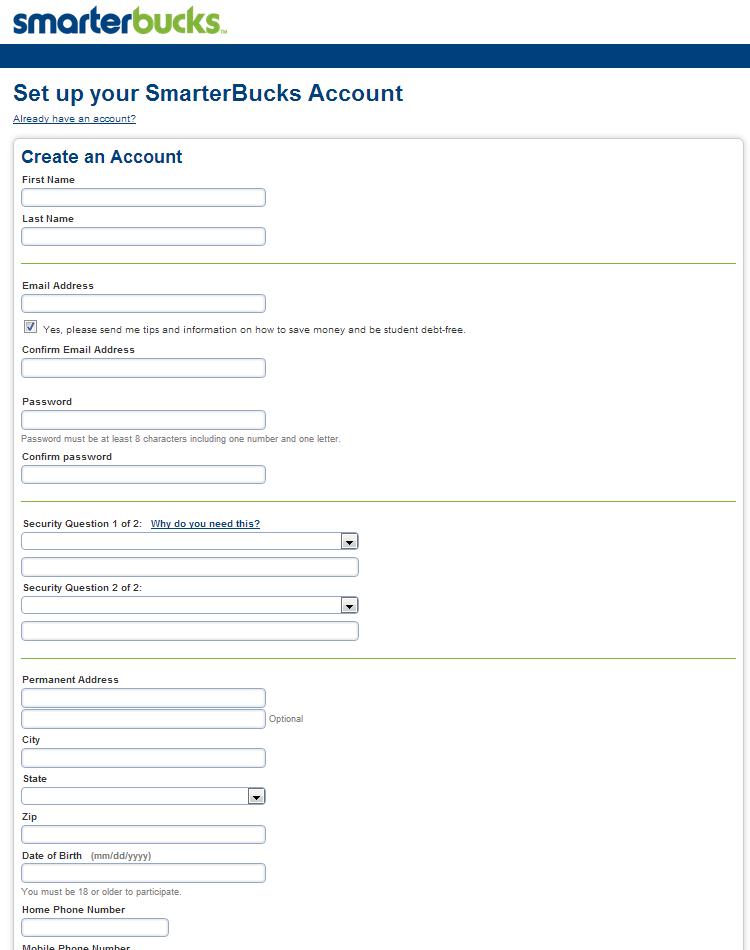 Smartbucks sign up form